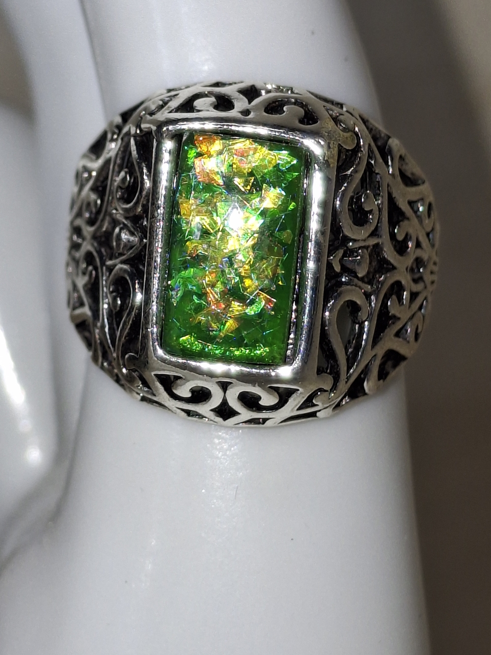 Sterling Filigree Ring with Green Opal Inlay